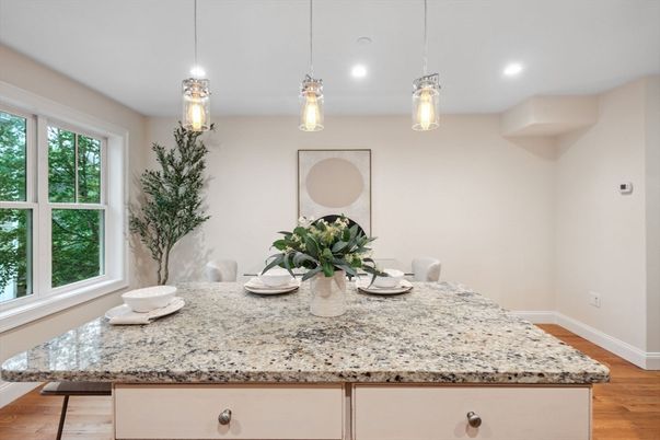 Dining room, Interior, Pendant Lights, Recessed Lighting, Wood Texture Flooring