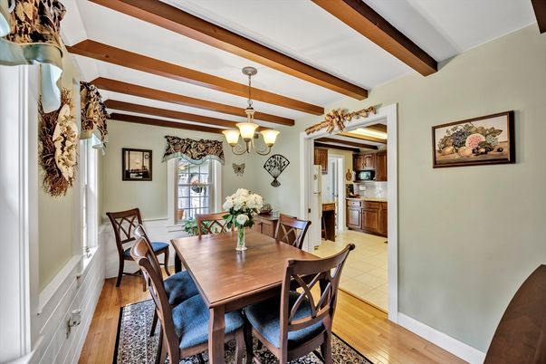 Chandelier, Dining room, Interior, Wooden Beams, Wood Texture Flooring