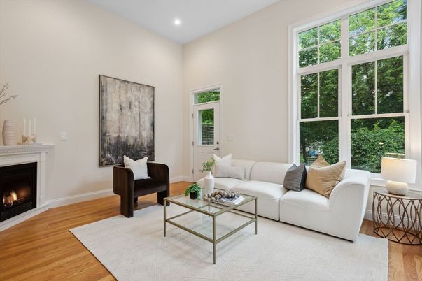 Fireplace, Interior, Living room, Recessed Lighting, Wood Texture Flooring