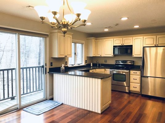 Chandelier, Interior, Kitchen, Recessed Lighting, Stainless Steel Appliances, Wood Texture Flooring