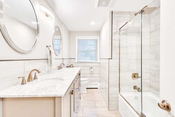 Bathroom, Dual Sink Vanities, Glass Shower, Interior, Recessed Lighting