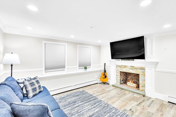 Fireplace, Interior, Living room, Recessed Lighting, Wood Texture Flooring