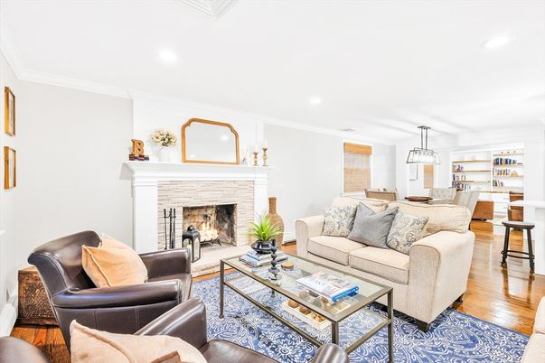 Dining room, Fireplace, Interior, Living room, Pendant Lights, Recessed Lighting, Wood Texture Flooring
