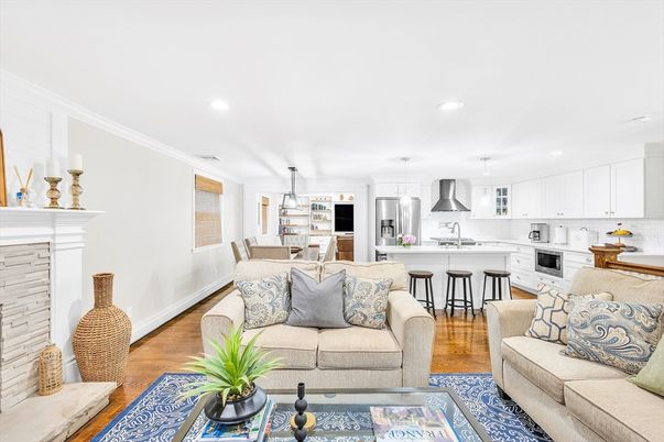 Dining room, Fireplace, Interior, Kitchen, Living room, Pendant Lights, Recessed Lighting, Stainless Steel Appliances, Wood Texture Flooring