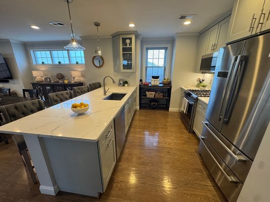 Dining room, Interior, Kitchen, Pendant Lights, Recessed Lighting, Stainless Steel Appliances, Wood Texture Flooring
