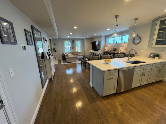 Dining room, Interior, Kitchen, Living room, Pendant Lights, Recessed Lighting, Stainless Steel Appliances, Wood Texture Flooring