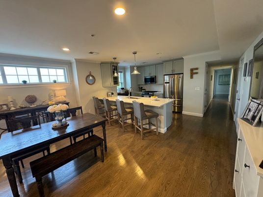 Dining room, Interior, Kitchen, Pendant Lights, Recessed Lighting, Stainless Steel Appliances, Wood Texture Flooring