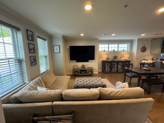 Dining room, Interior, Living room, Recessed Lighting, Wood Texture Flooring