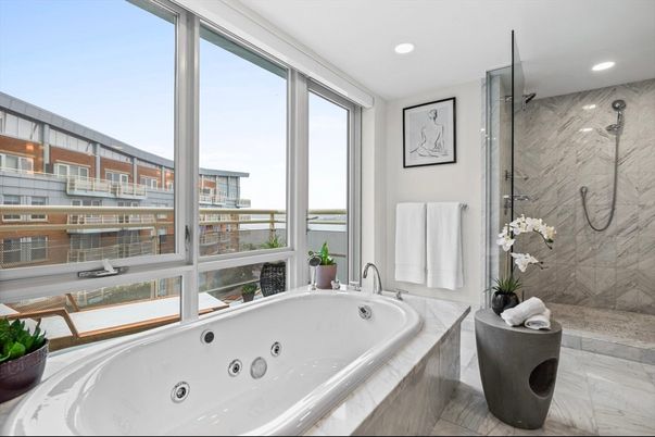 Bathroom, Glass Shower, Interior, Marble Walls, Recessed Lighting