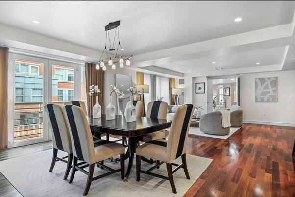 Dining room, Interior, Living room, Pendant Lights, Recessed Lighting, Wood Texture Flooring