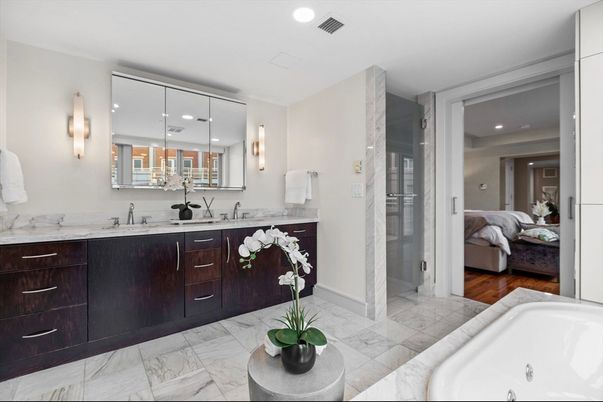 Bathroom, Dual Sink Vanities, Glass Shower, Interior, Marble, Recessed Lighting