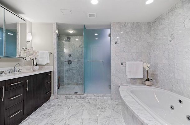 Bathroom, Glass Shower, Interior, Marble, Marble Walls, Recessed Lighting