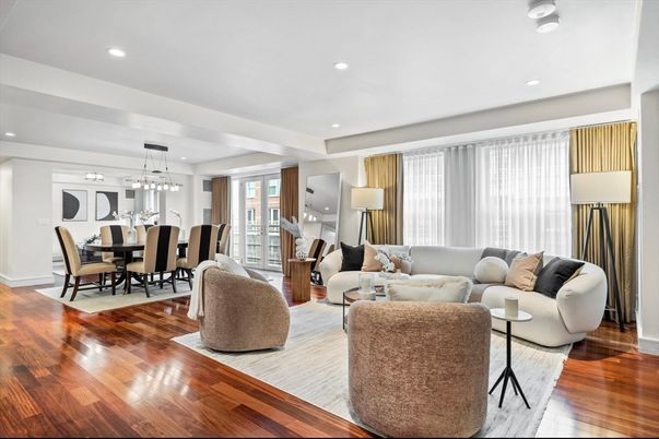 Dining room, Interior, Living room, Pendant Lights, Recessed Lighting, Wood Texture Flooring