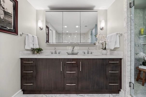 Bathroom, Dual Sink Vanities, Glass Shower, Interior, Marble, Marble Walls, Recessed Lighting