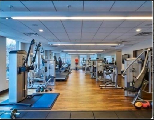 Fitness Equipment, Gym, Interior, Recessed Lighting, Wood Texture Flooring