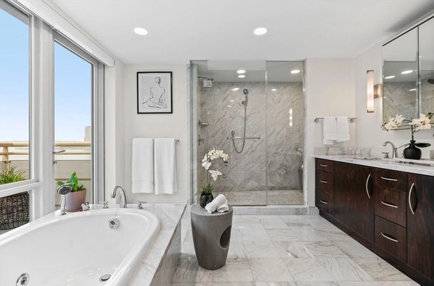 Bathroom, Glass Shower, Interior, Marble, Marble Walls, Recessed Lighting