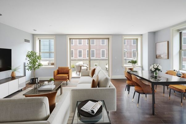 Dining room, Interior, Living room, Recessed Lighting, Wood Texture Flooring