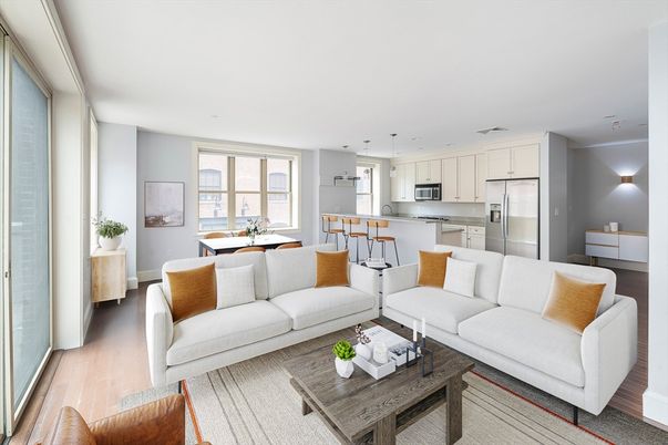 Dining room, Interior, Kitchen, Living room, Pendant Lights, Recessed Lighting, Stainless Steel Appliances, Wood Texture Flooring
