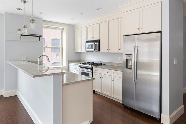 Interior, Kitchen, Pendant Lights, Recessed Lighting, Stainless Steel Appliances, Wood Texture Flooring