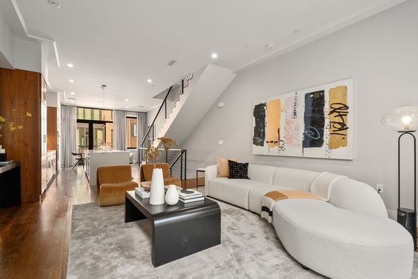 Dining room, Interior, Living room, Pendant Lights, Recessed Lighting, Wood Texture Flooring