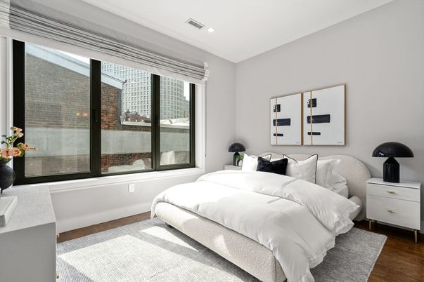 Bedroom, Interior, Recessed Lighting, Wood Texture Flooring