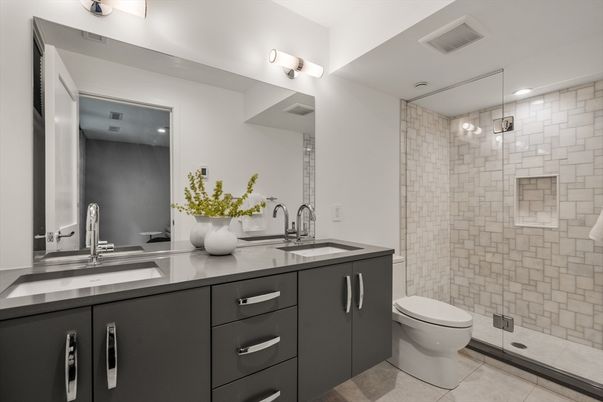 Bathroom, Dual Sink Vanities, Glass Shower, Interior, Recessed Lighting