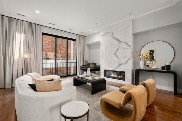 Fireplace, Interior, Living room, Marble Walls, Recessed Lighting, Wood Texture Flooring
