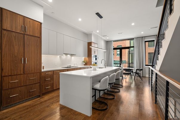 Dining room, Interior, Kitchen, Pendant Lights, Recessed Lighting, Stainless Steel Appliances, Wood Texture Flooring