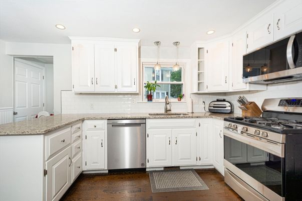 Interior, Kitchen, Pendant Lights, Recessed Lighting, Stainless Steel Appliances, Wood Texture Flooring