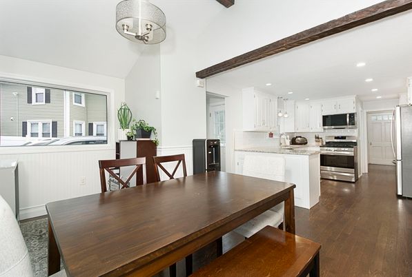 Dining room, Interior, Kitchen, Recessed Lighting, Stainless Steel Appliances, Wood Texture Flooring