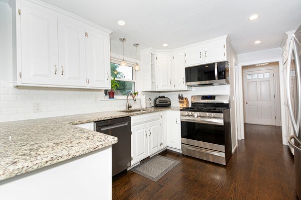 Interior, Kitchen, Pendant Lights, Recessed Lighting, Stainless Steel Appliances, Wood Texture Flooring