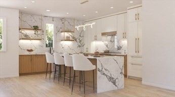 Interior, Kitchen, Marble Walls, Recessed Lighting, Wood Texture Flooring