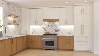 Interior, Kitchen, Marble Walls, Recessed Lighting, Stainless Steel Appliances, Wood Texture Flooring