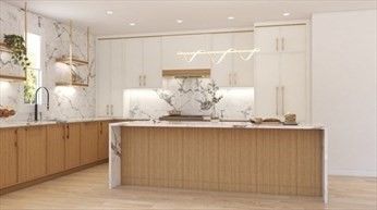 Interior, Kitchen, Marble Walls, Recessed Lighting, Wood Texture Flooring