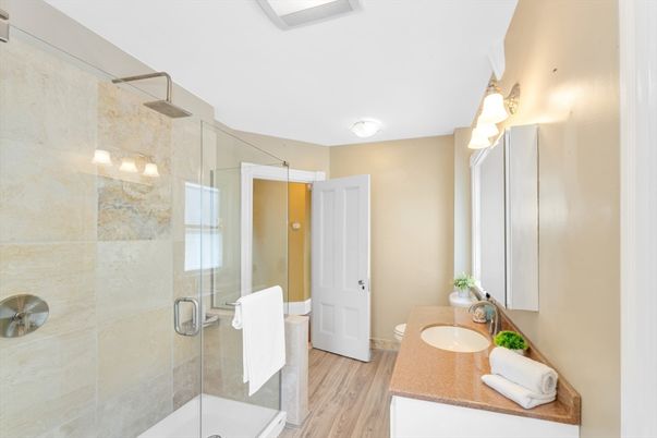 Bathroom, Glass Shower, Interior, Wood Texture Flooring