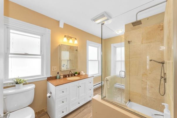 Bathroom, Dual Sink Vanities, Glass Shower, Interior, Wood Texture Flooring
