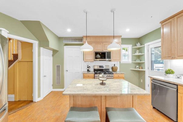 Interior, Kitchen, Pendant Lights, Recessed Lighting, Stainless Steel Appliances, Wood Texture Flooring