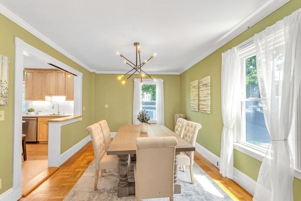 Dining room, Interior, Kitchen, Pendant Lights, Wood Texture Flooring