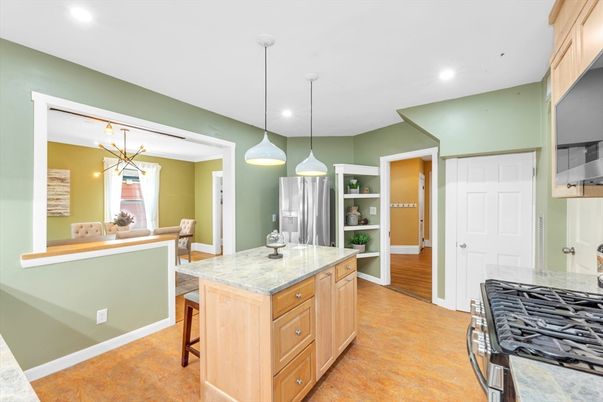 Interior, Kitchen, Pendant Lights, Recessed Lighting, Wood Texture Flooring