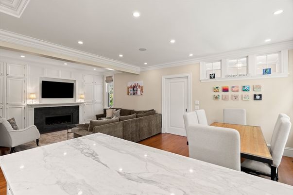 Dining room, Fireplace, Interior, Living room, Recessed Lighting, Wood Texture Flooring
