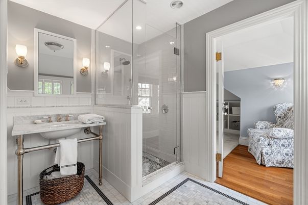 Bathroom, Glass Shower, Interior, Recessed Lighting, Wood Texture Flooring