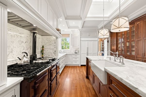 Interior, Kitchen, Marble Walls, Pendant Lights, Recessed Lighting, Wood Texture Flooring