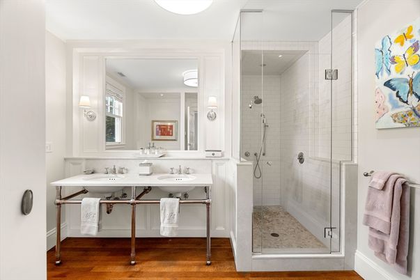 Bathroom, Dual Sink Vanities, Glass Shower, Interior, Wood Texture Flooring
