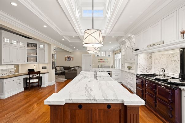Interior, Kitchen, Living room, Marble Walls, Pendant Lights, Recessed Lighting, Wood Texture Flooring