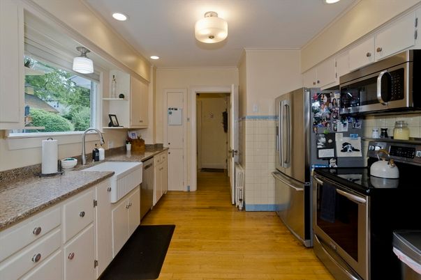 Interior, Kitchen, Recessed Lighting, Stainless Steel Appliances, Wood Texture Flooring