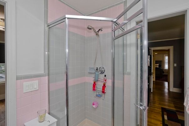 Bathroom, Glass Shower, Interior, Wood Texture Flooring