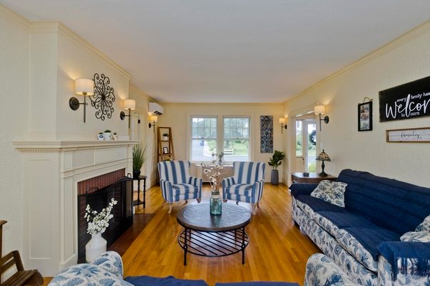 Dining room, Fireplace, Interior, Living room, Wood Texture Flooring