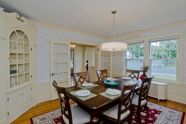 Dining room, Interior, Pendant Lights, Wood Texture Flooring