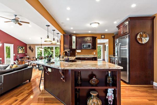 Dining room, Interior, Kitchen, Living room, Pendant Lights, Recessed Lighting, Stainless Steel Appliances, Wood Texture Flooring