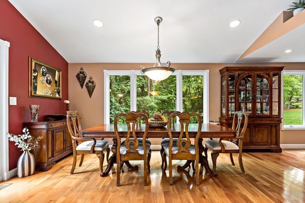 Dining room, Interior, Pendant Lights, Recessed Lighting, Wood Texture Flooring
